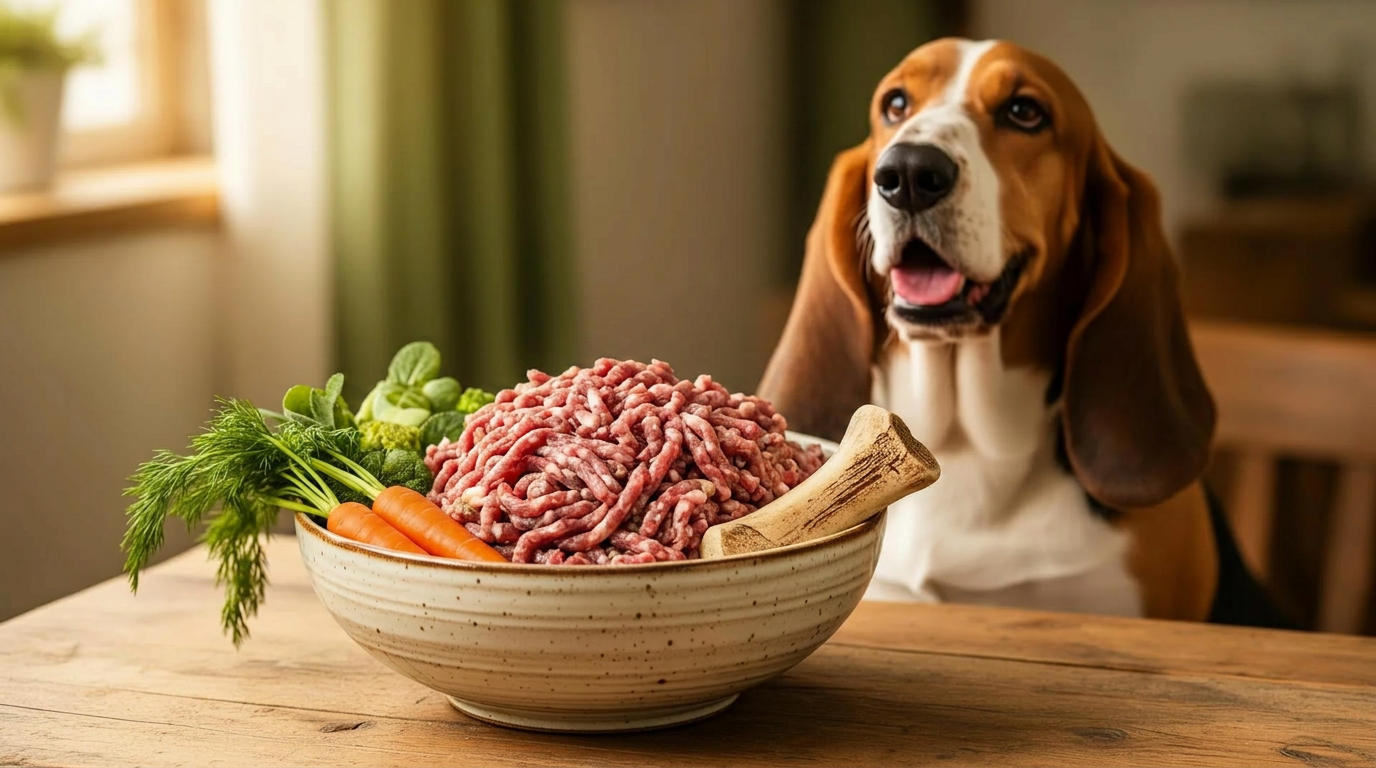 Glücklicher Basset Hound vor einer Schüssel mit frischem BARF-Futter