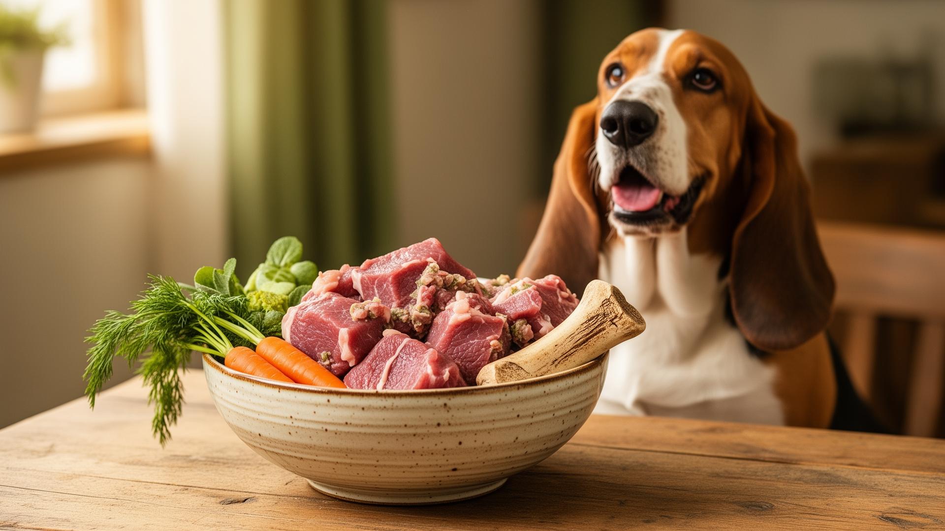 Glücklicher Basset Hound vor einer Schüssel mit frischem BARF-Futter