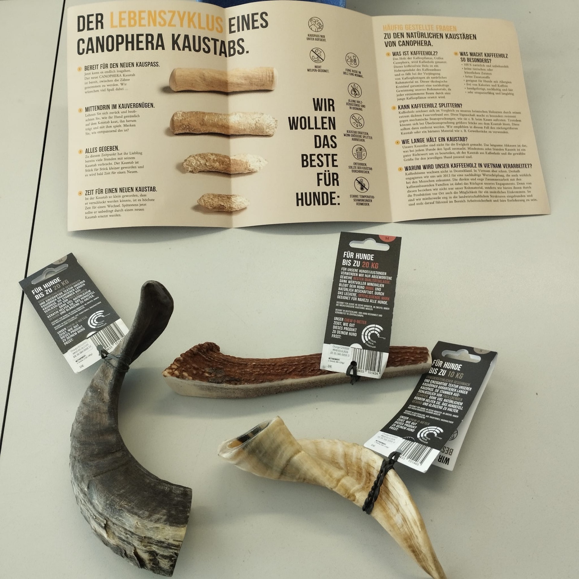 Naturkauartikel für Hunde: Canophera Kaffeeholz-Kaustäbe, Geweihstücke und Hörner